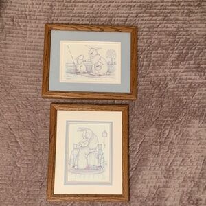 Vintage Charming Nursery Rabbit Art Prints in Wooden Frames